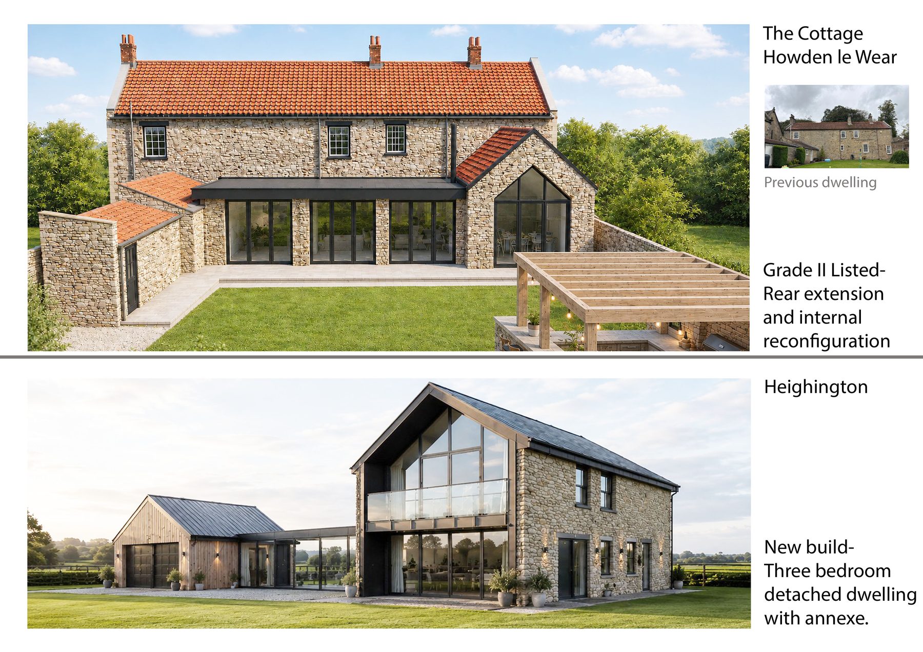 The Cottage Howden le Wear listed extension and Heighington new build